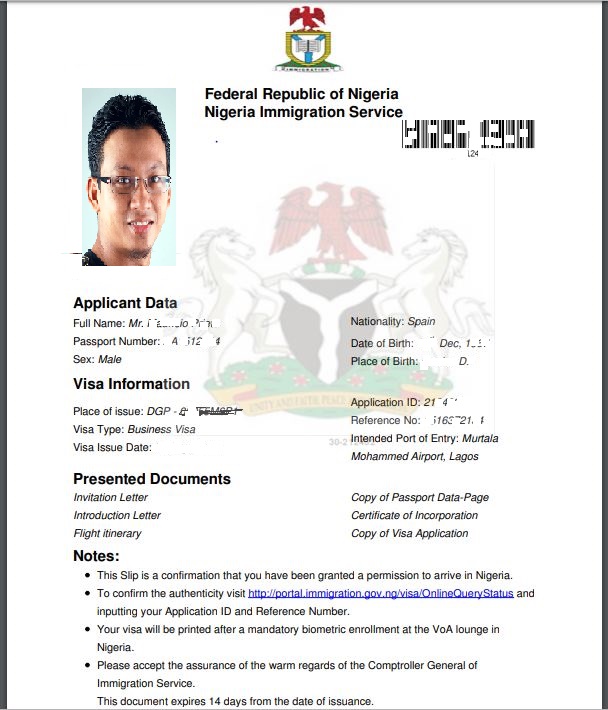 Nigeria visa on arrival Approval letter sample